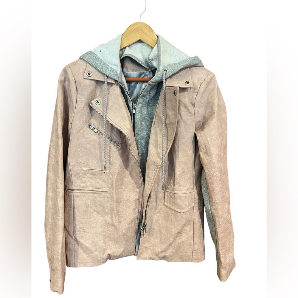 Fate blush pink and grey faux leather blazer with removable hood medium